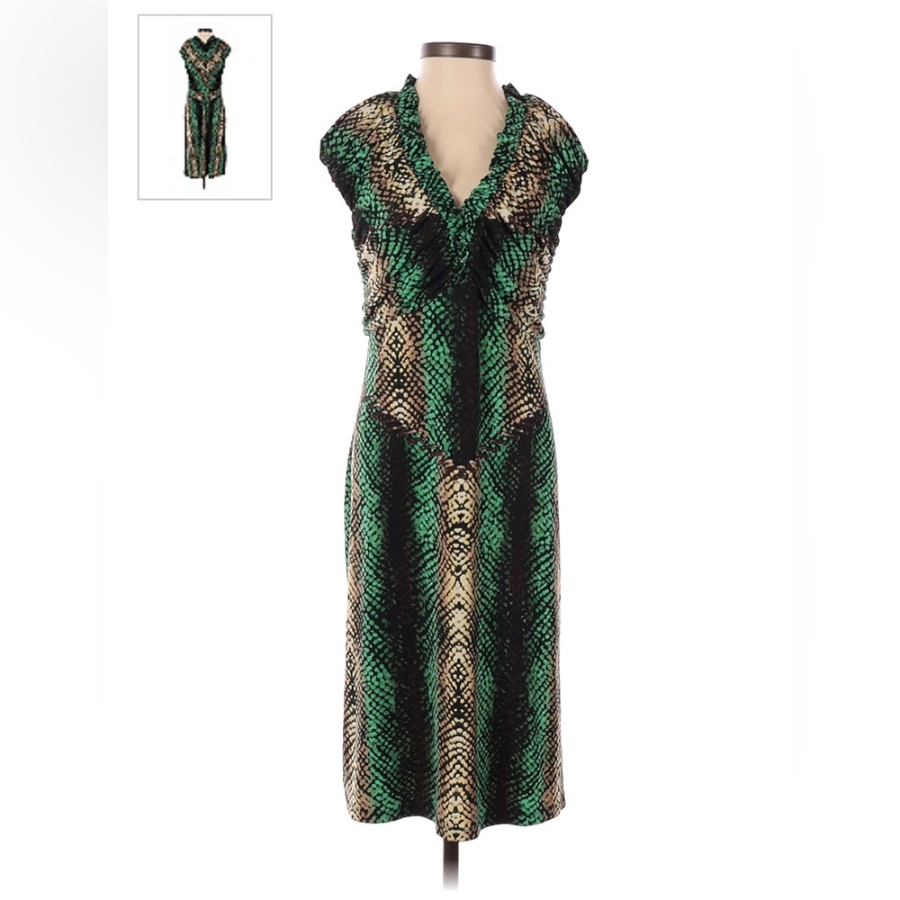 Etcetera
Size 4 Dress Green Brown Animal Print Stretch Ruched V Neck Knee Length